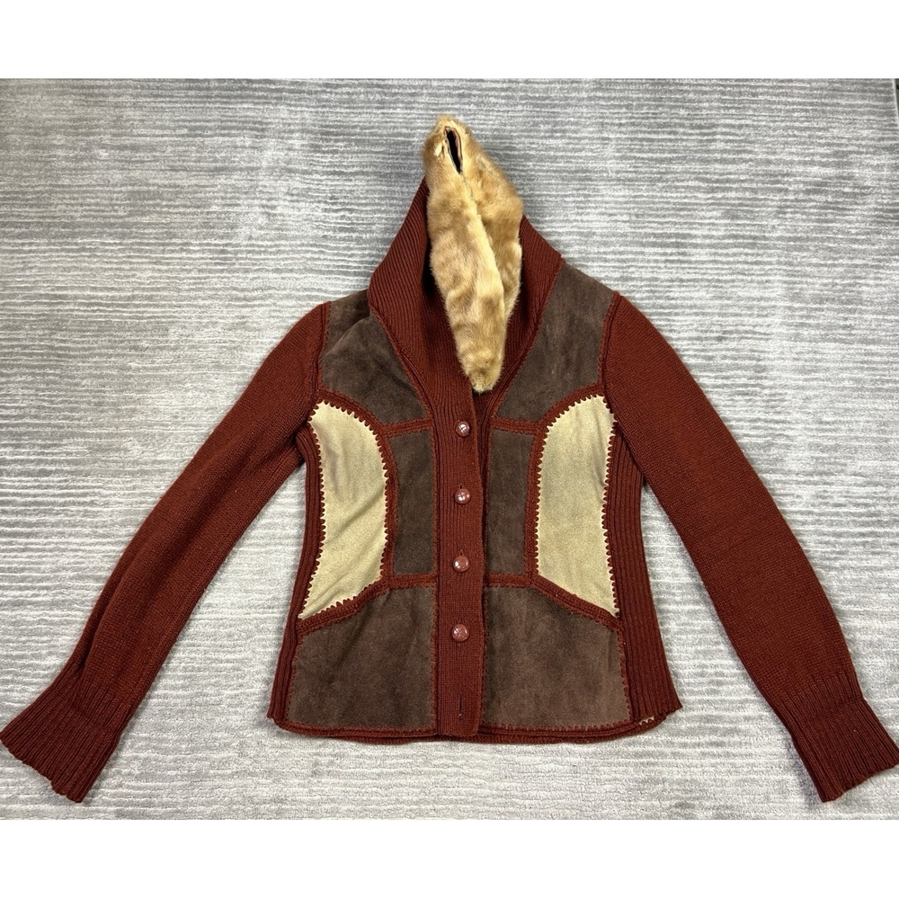 Vintage Montgomery Ward Sweater Jacket Womens Medium Cowhide Leather Acrylic